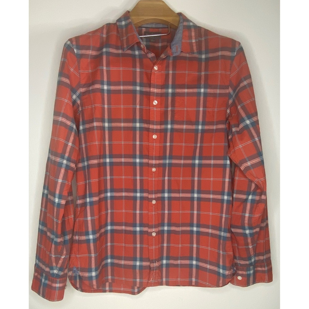 LL Bean Signature Mens orange Blue Plaid Button Down Shirt Slimmest Fit Size L